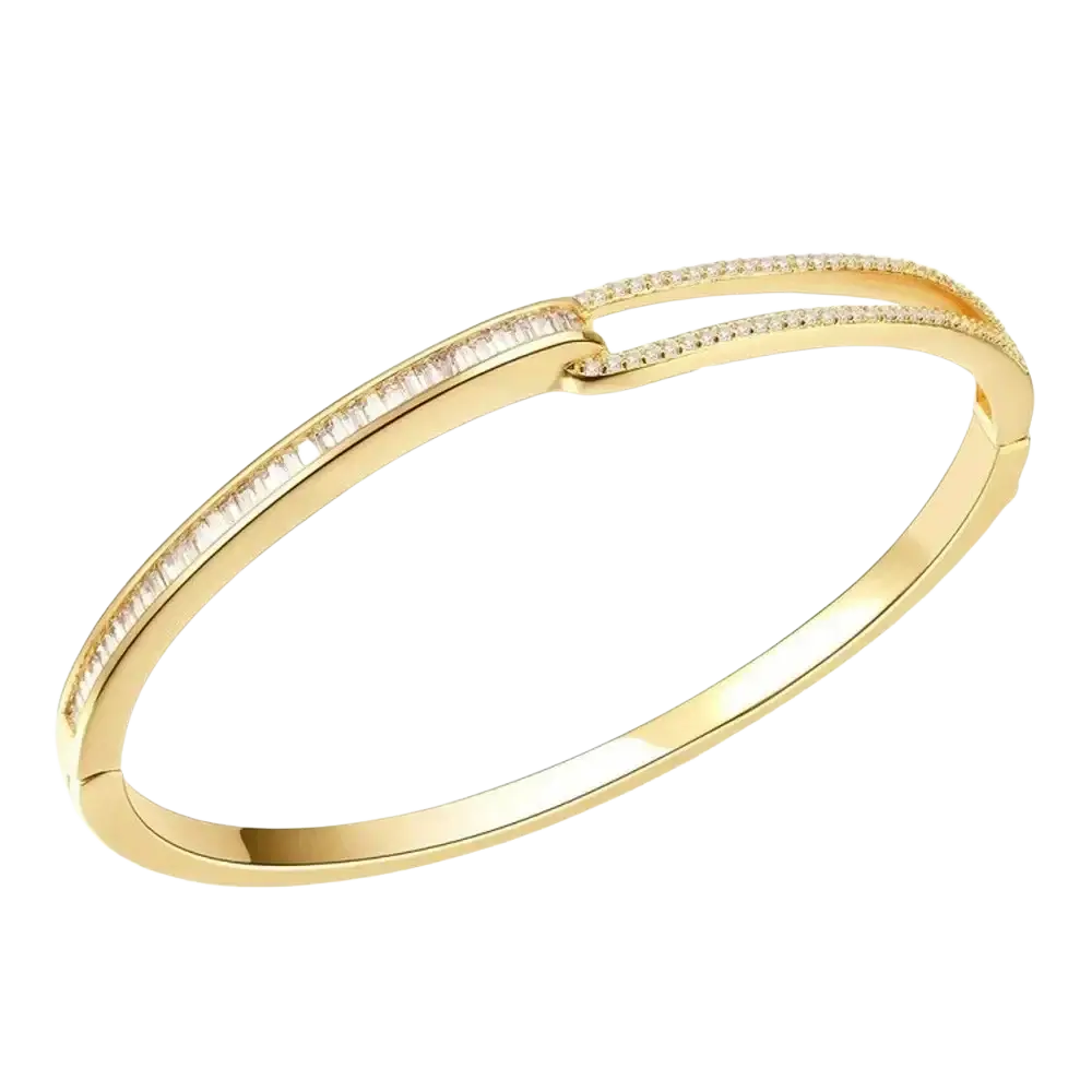 Luxury gold plated bangle bracelet with two interlocking bands and clear baguette-cut cubic zirconia stones