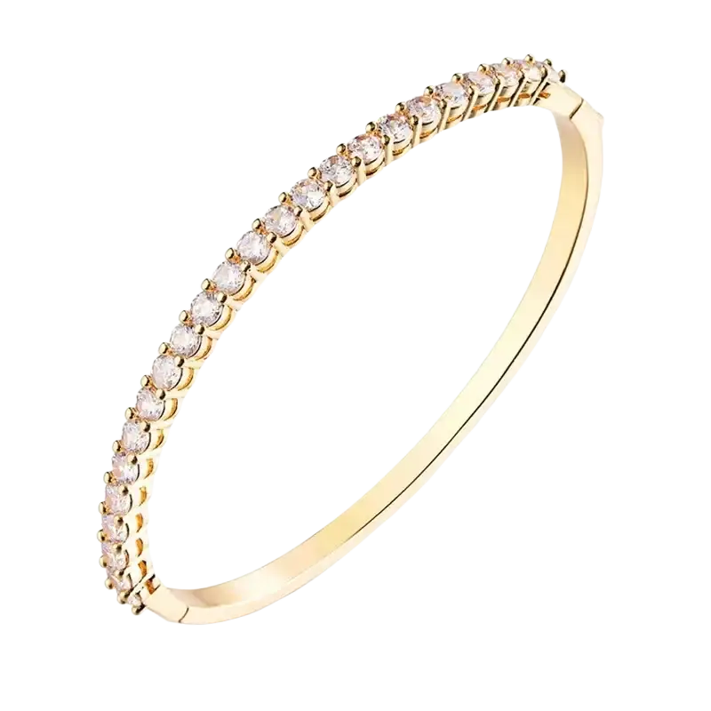 Luxury gold plated bangle bracelet with a continuous row of clear sparkling cubic zirconia stones