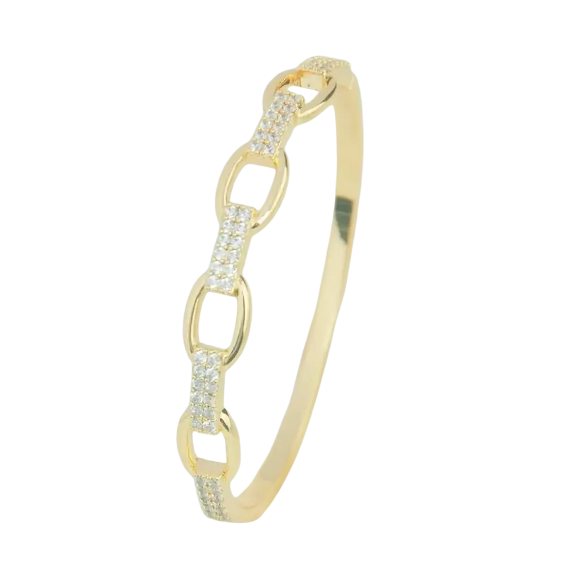 Luxury gold plated bangle bracelet featuring a gold toned chain link design adorned with clear cubic zirconia crystals