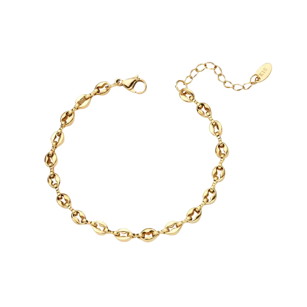 Luxury gold plated bangle bracelet with gold toned oval links, secure clasp, and engraved tag featuring cubic zirconia accents