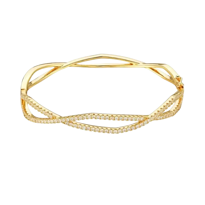 Luxury gold plated bangle bracelet with twisted interlocking design and pavé-set cubic zirconia stones