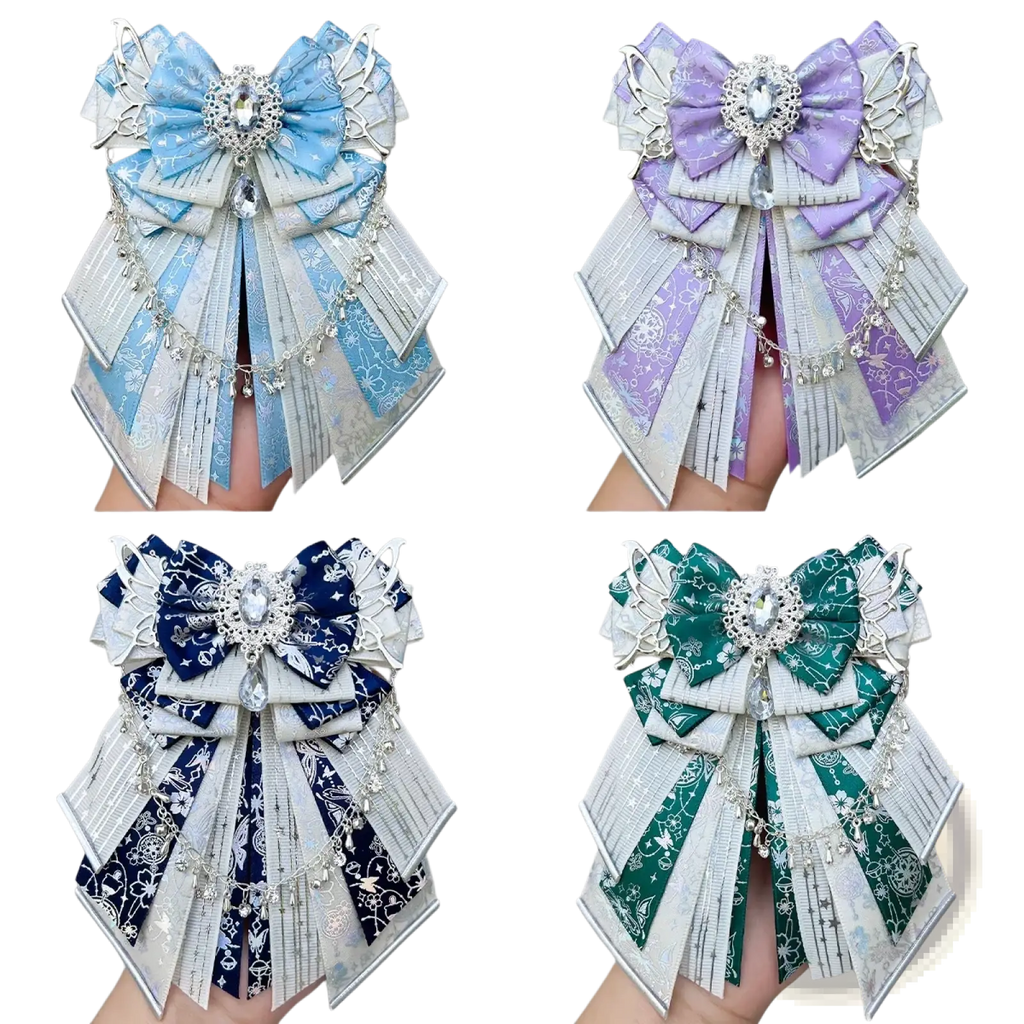 Elegant handmade multi-layered bow clips in blue purple navy and green with silver embellishments for ita bag charm