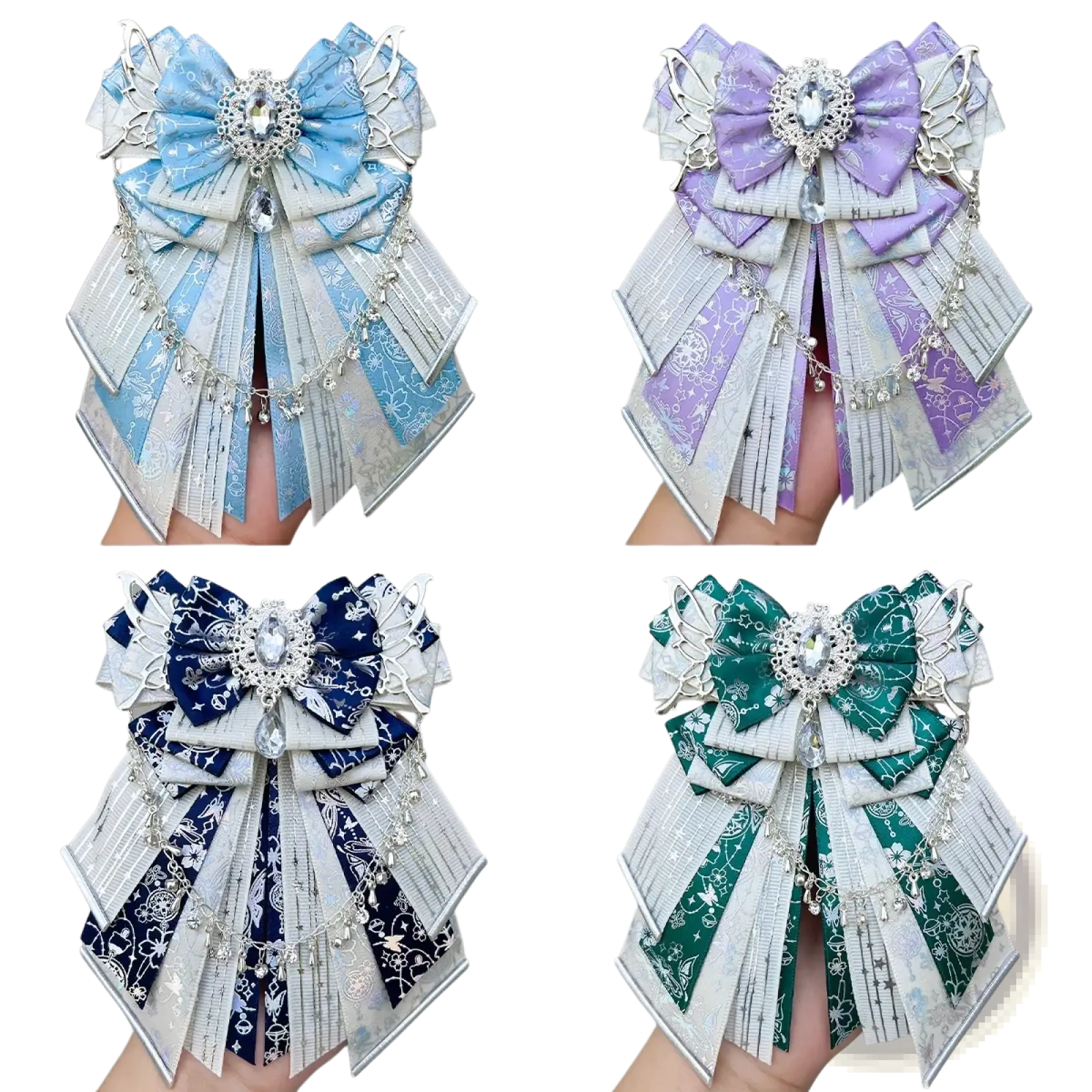 Elegant handmade multi-layered bow clips in blue purple navy and green with silver embellishments for ita bag charm