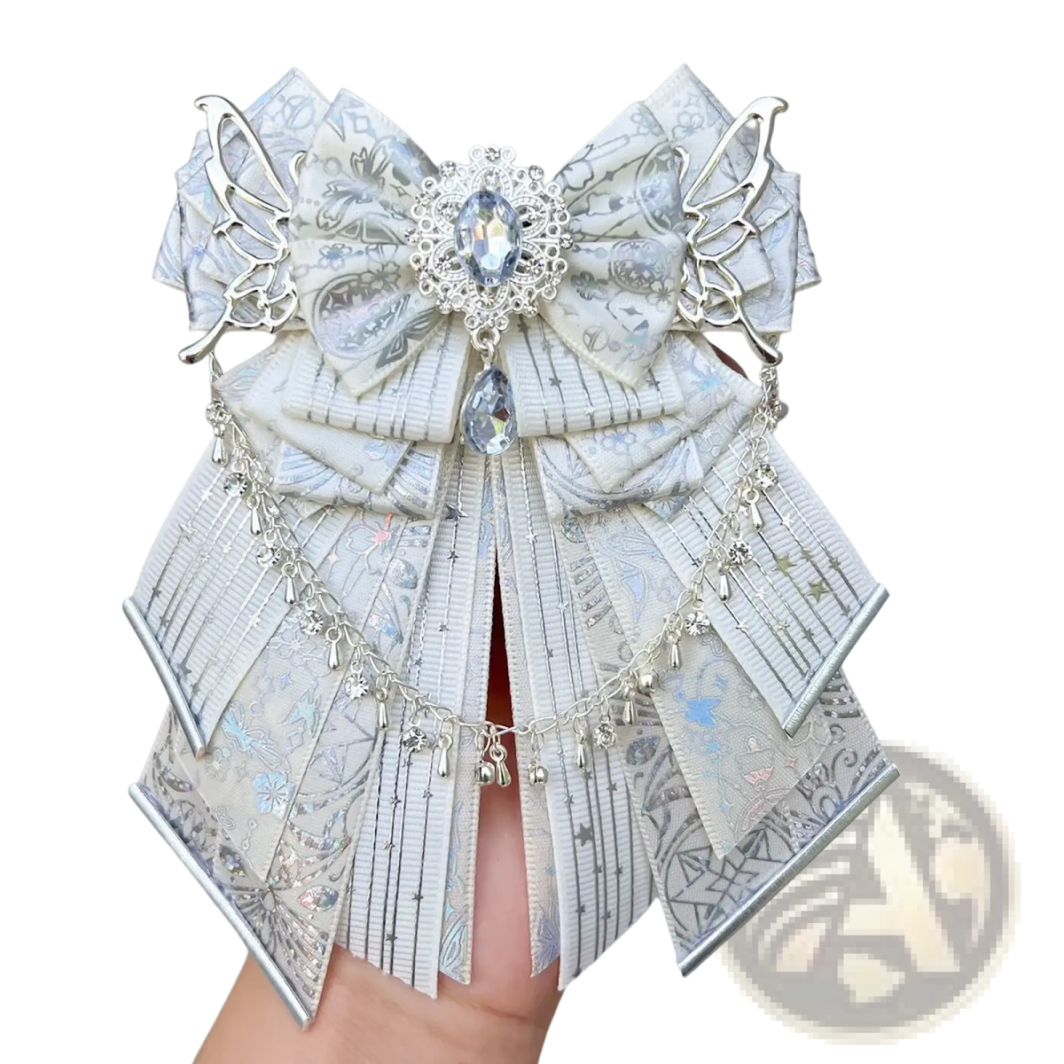 Luxury ins style delicate silver butterfly bow pin with lace wings crystal centerpiece and dangling charms charm accessory
