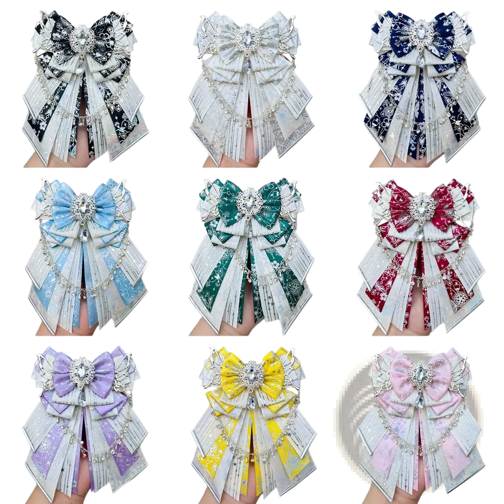 Elegant multi-layered ribbon bows in assorted colors with sparkling crystal centers for luxury aid fan bag accessories