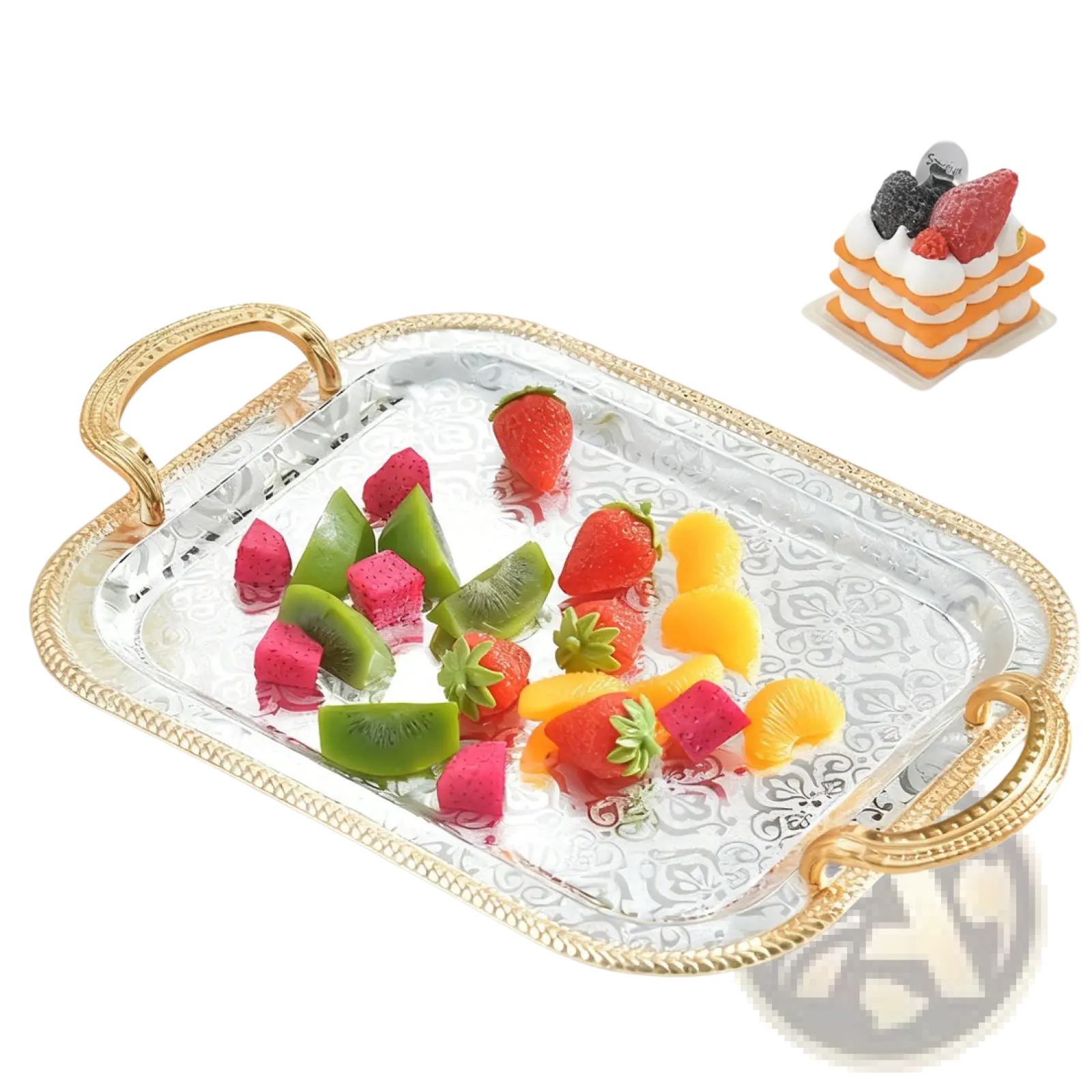 Luxury rectangle serving tray with gold-toned ornate handles and clear etched glass surface with silver patterns