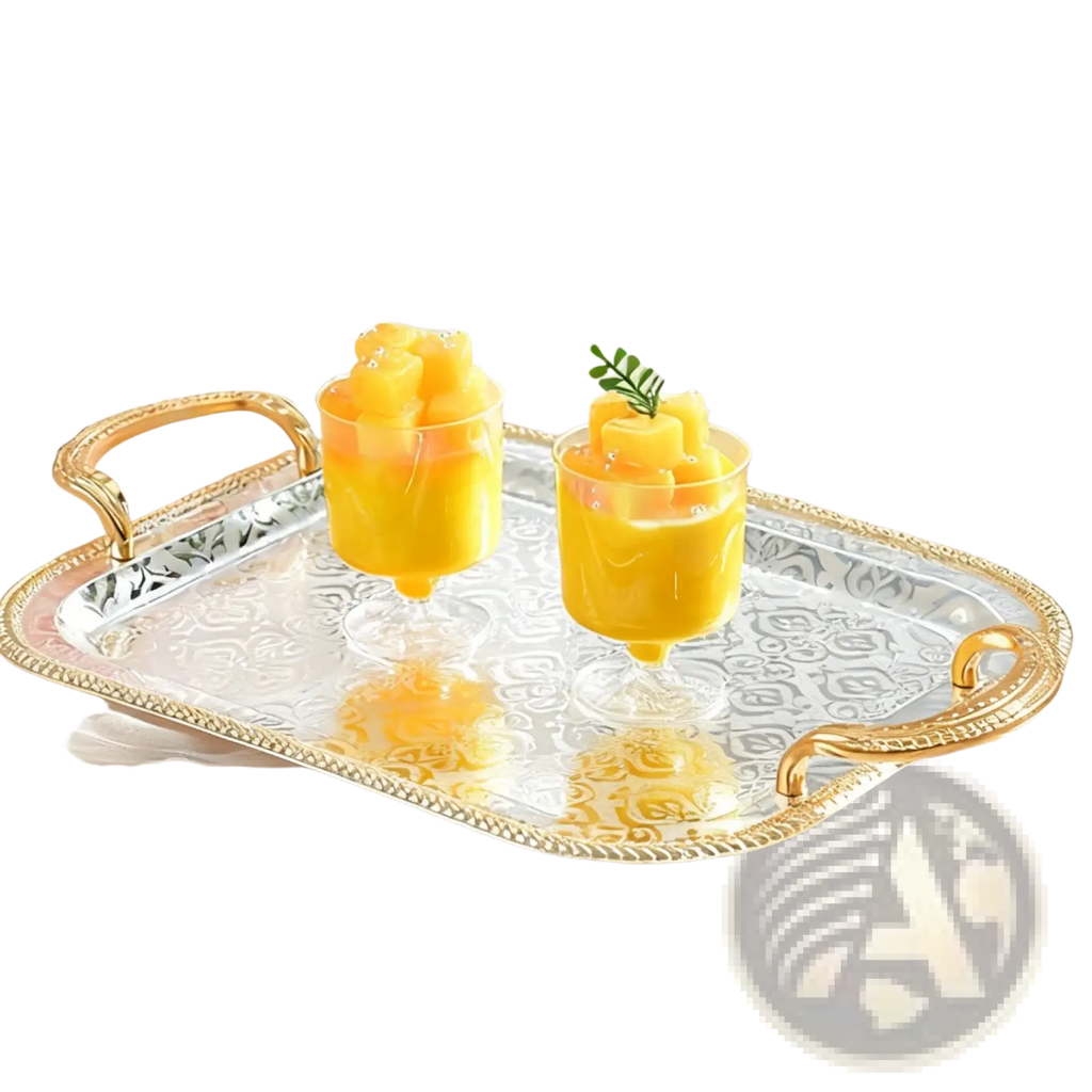 Luxury rectangle serving tray with silver-plated embossed surface and ornate gold-toned handles for elegant serving