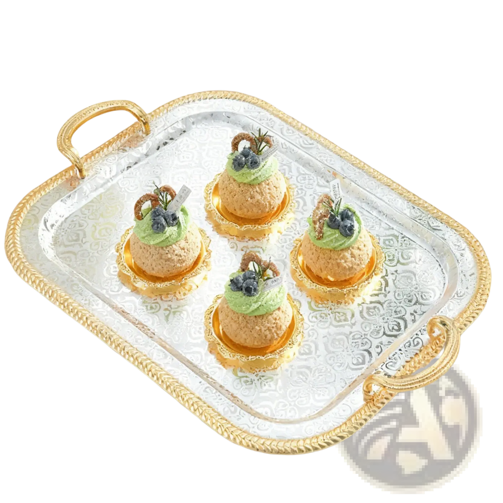 Luxury rectangle serving tray with silver-plated surface and ornate gold handles featuring embossed floral edges