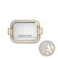 Luxury rectangle serving tray with silver-toned embossed damask pattern and ornate gold-colored handles