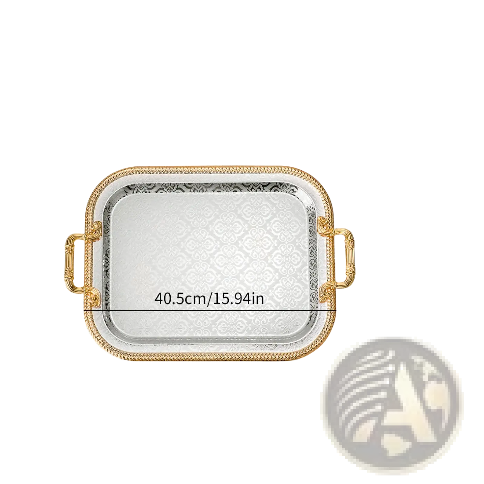 Luxury rectangle serving tray with silver-toned embossed damask pattern and ornate gold-colored handles