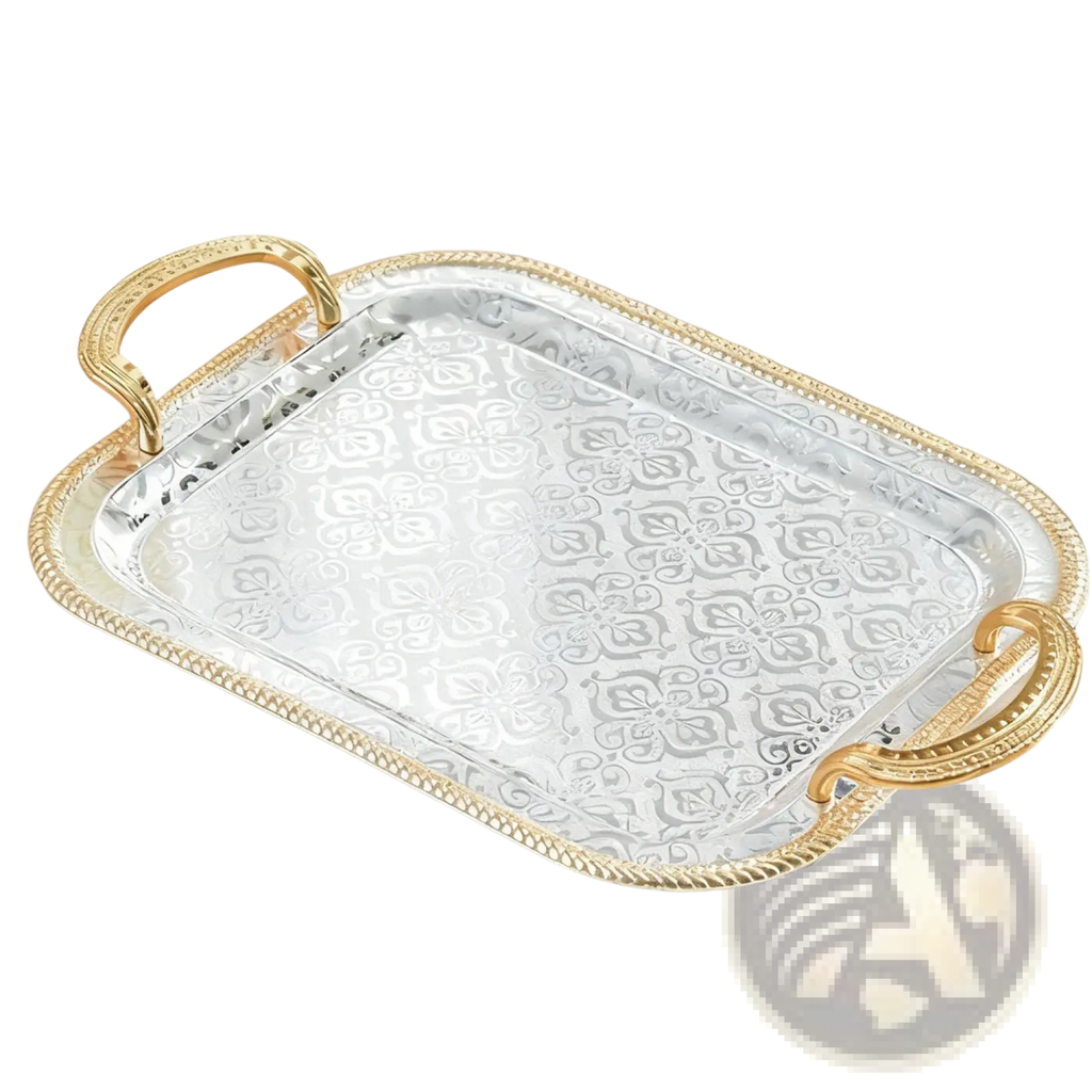 Luxury rectangle silver serving tray with gold-toned ornate handles and delicate floral etched pattern on surface