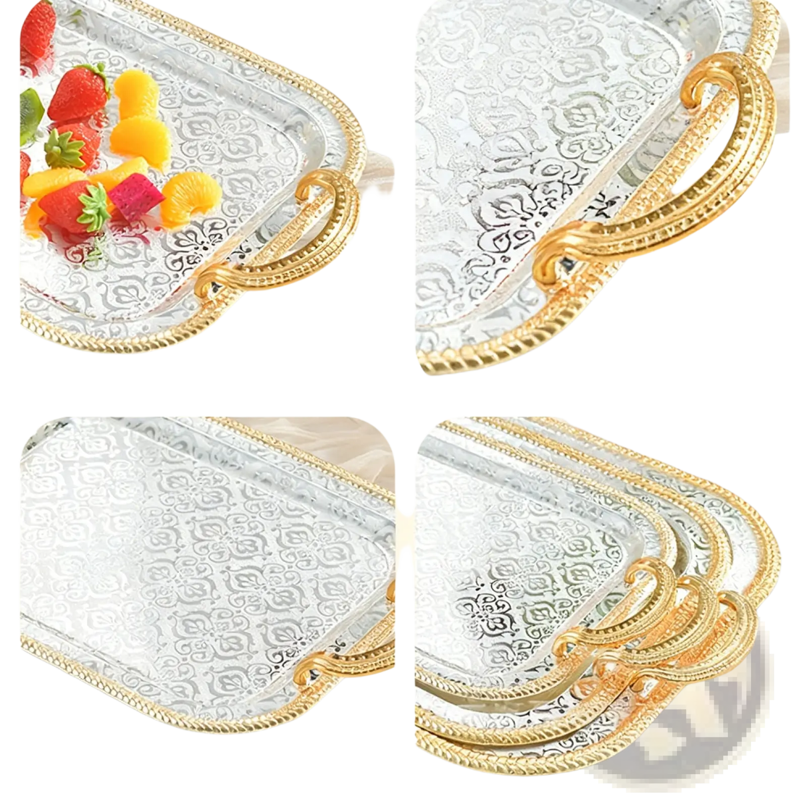 Luxury rectangle silver serving tray with gold ornate handles and subtle embossed floral pattern
