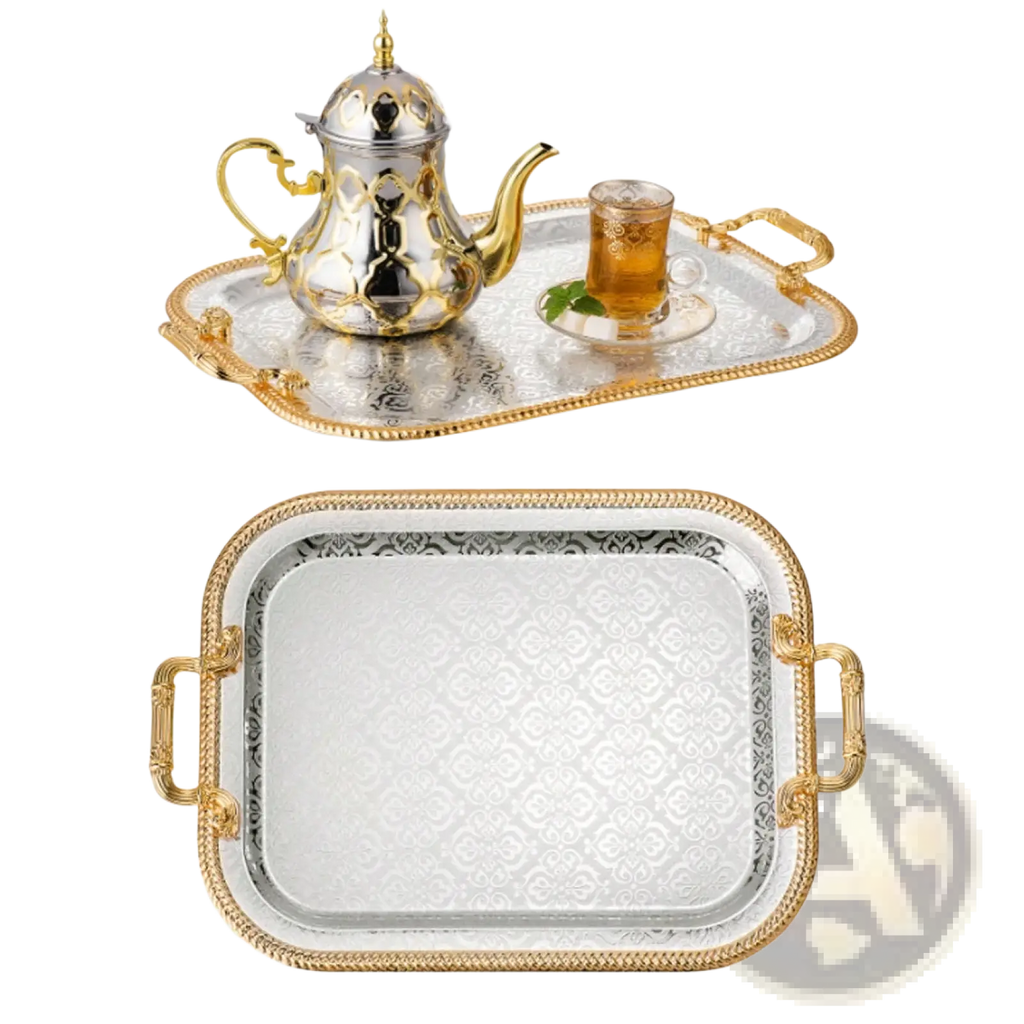 Luxury rectangle serving tray in silver with gold handles and ornate embossed pattern for elegant serving