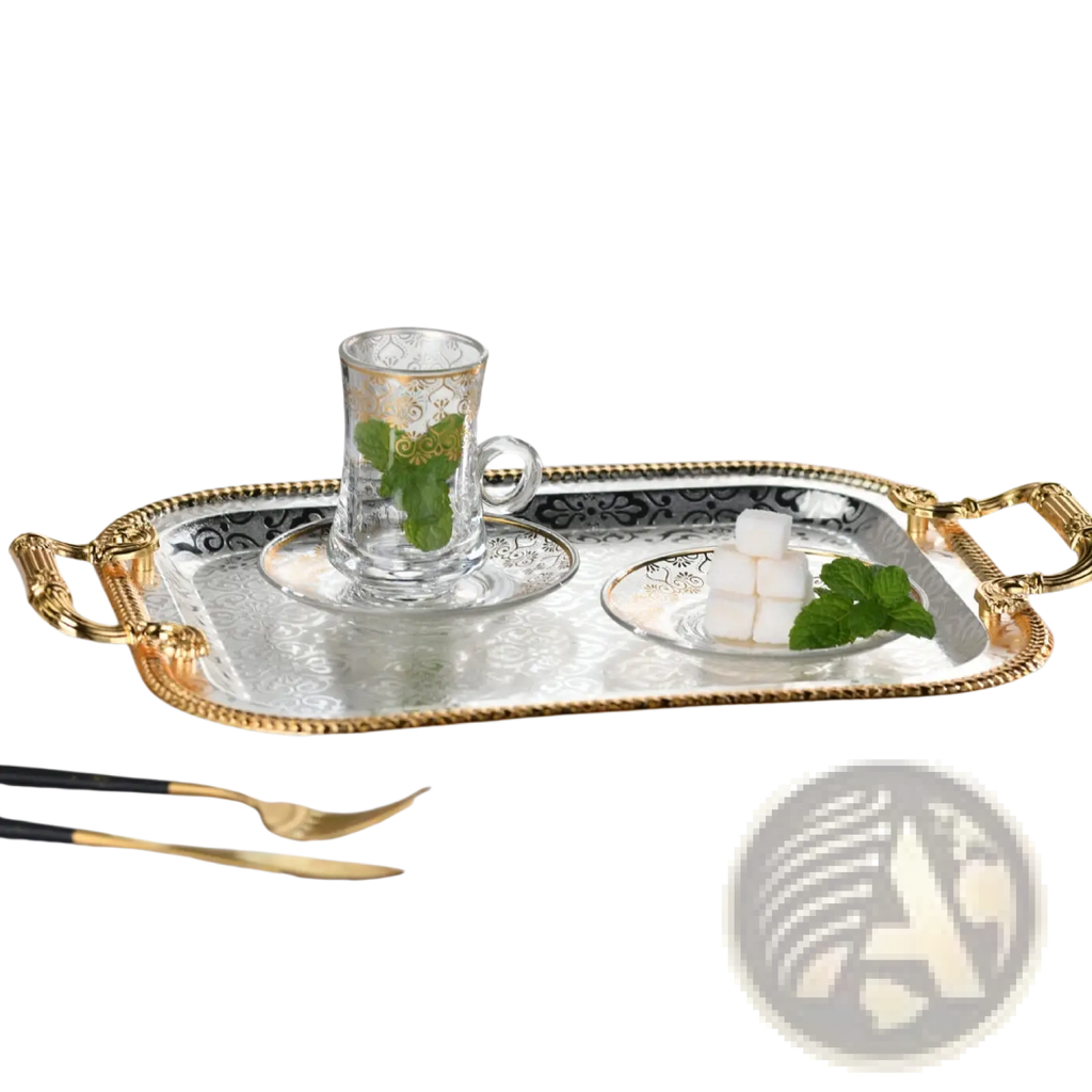 Luxury rectangle serving tray with gold handles silver tray gold trim and ornate black and gold patterned surface