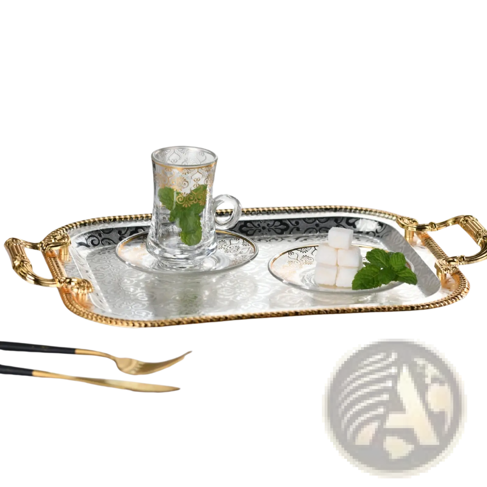 Luxury rectangle serving tray with gold handles silver tray gold trim and ornate black and gold patterned surface