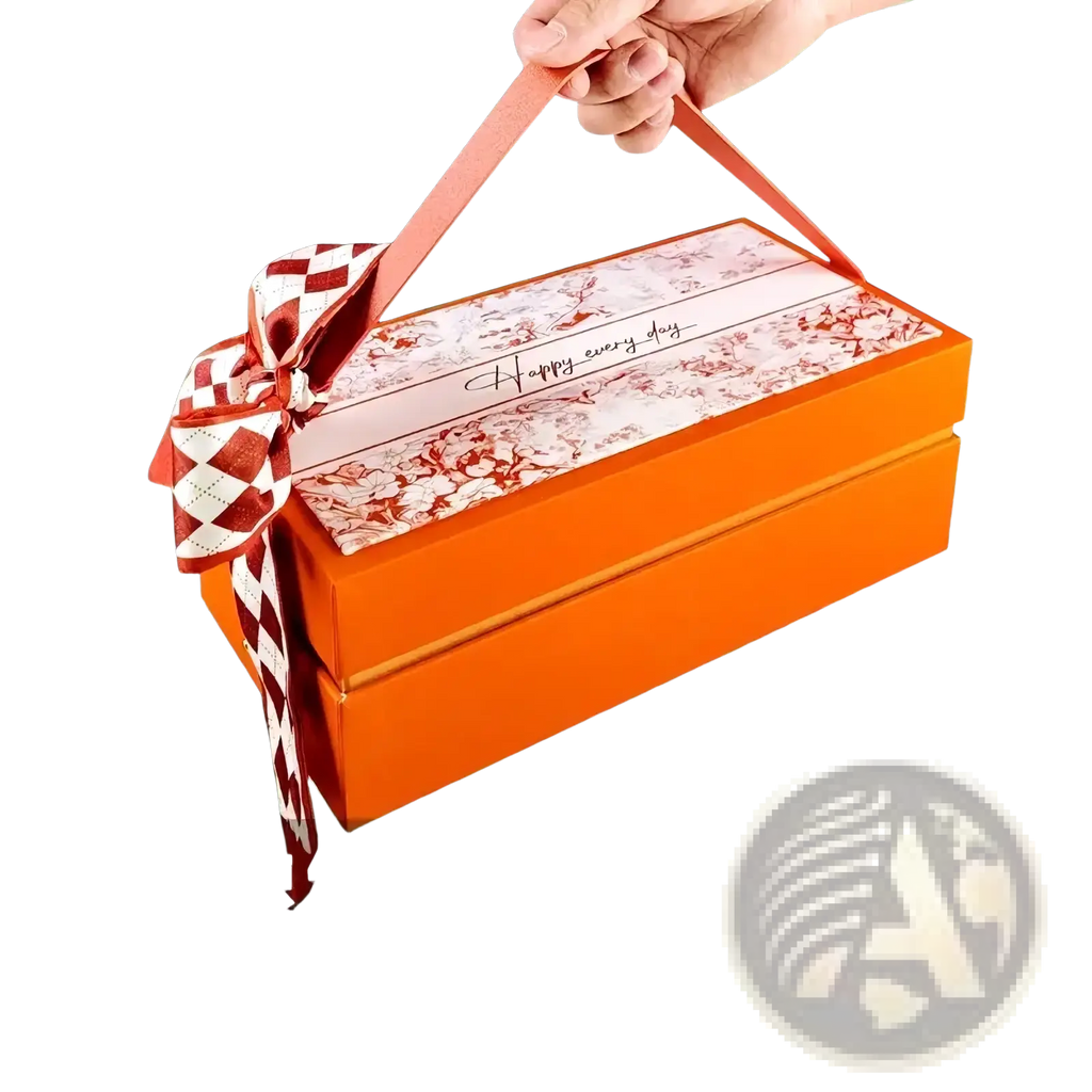 Luxury wedding gift box for bridesmaid and best man with orange rectangular base floral lid and red white checkered bow