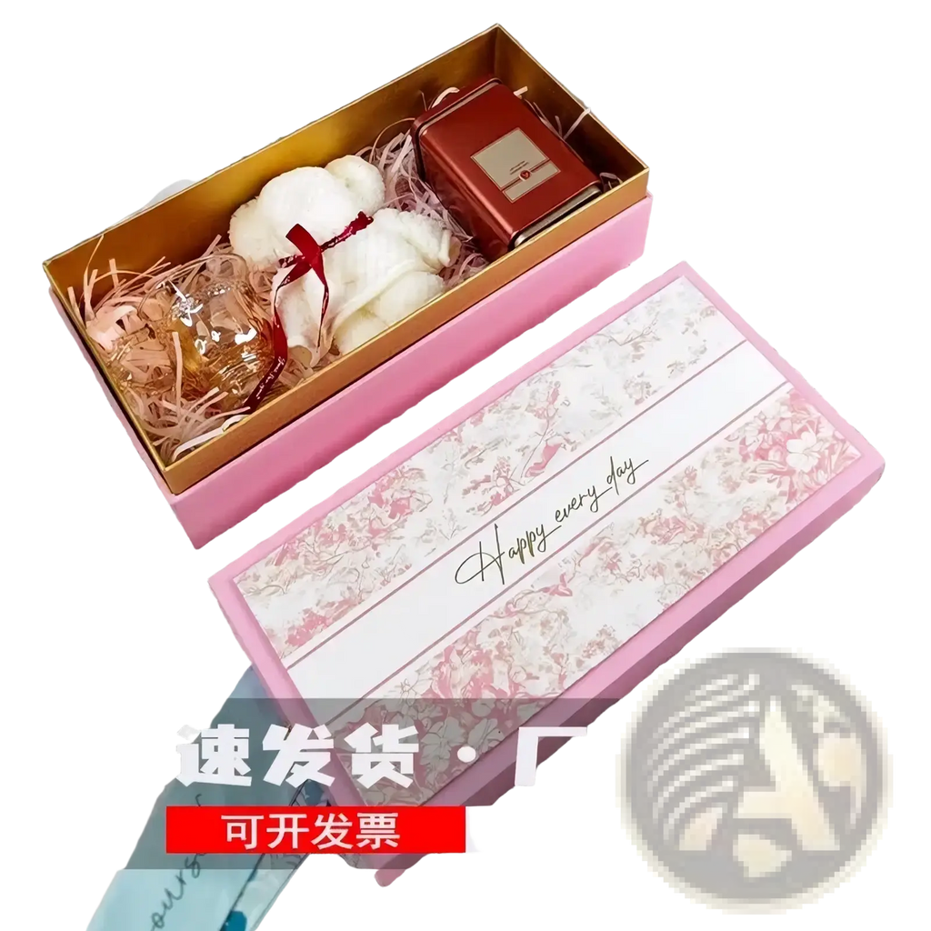 Luxury pink rectangular wedding gift box with floral pattern and gold lining for bridesmaid and best man gifts