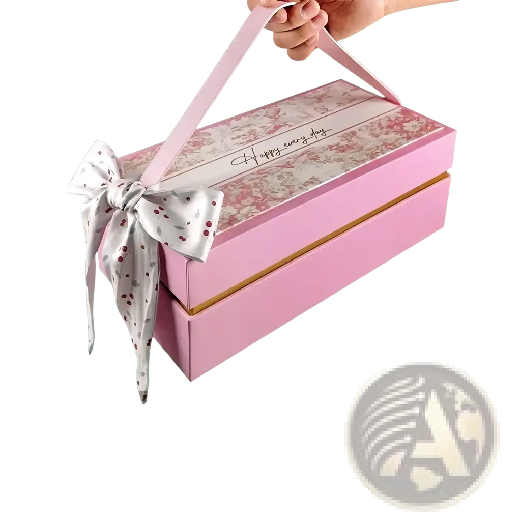 Luxury wedding gift box for bridesmaid and best man with pink floral pattern, gold trim, and white polka-dot ribbon bow