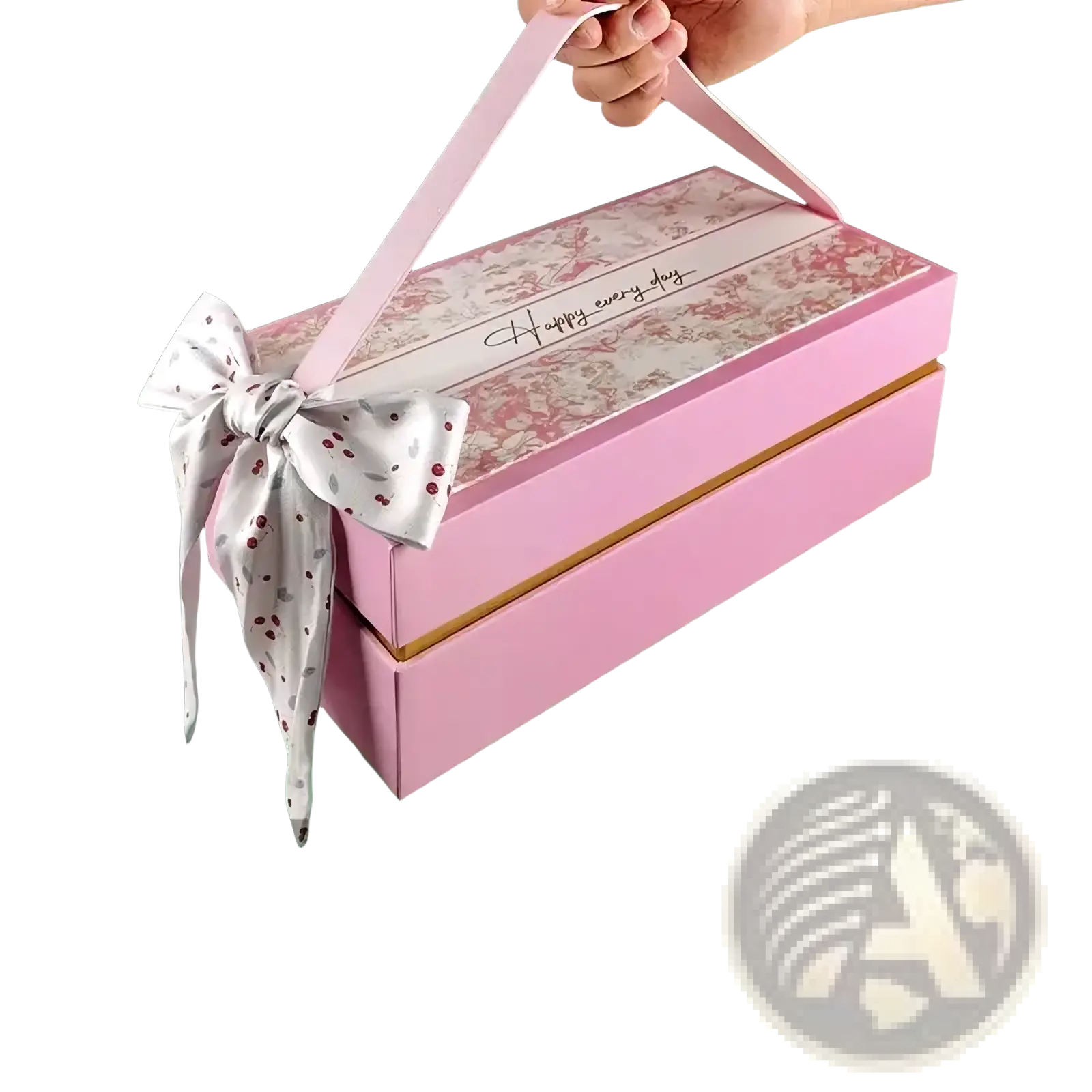 Luxury wedding gift box for bridesmaid and best man with pink floral pattern, gold trim, and white polka-dot ribbon bow