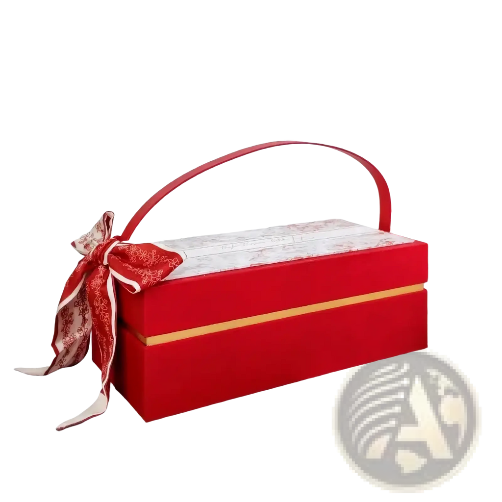 Luxury wedding gift box for bridesmaid and best man in red with gold trim and red and white patterned ribbon bow
