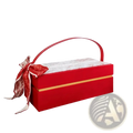 Luxury wedding gift box for bridesmaid and best man in red with gold trim and red and white patterned ribbon bow