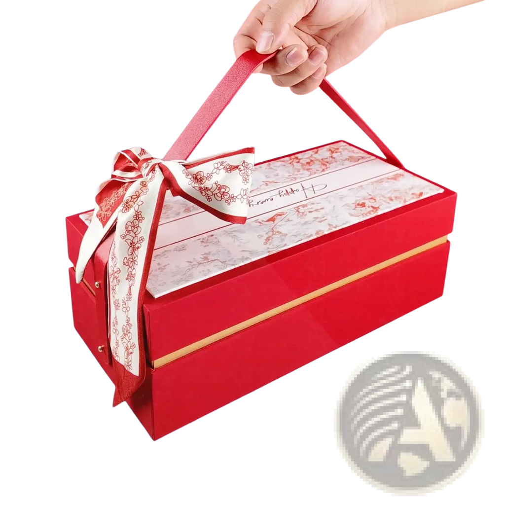 Luxury wedding gift box in red glossy finish with a white and red floral ribbon bow for bridesmaid and best man