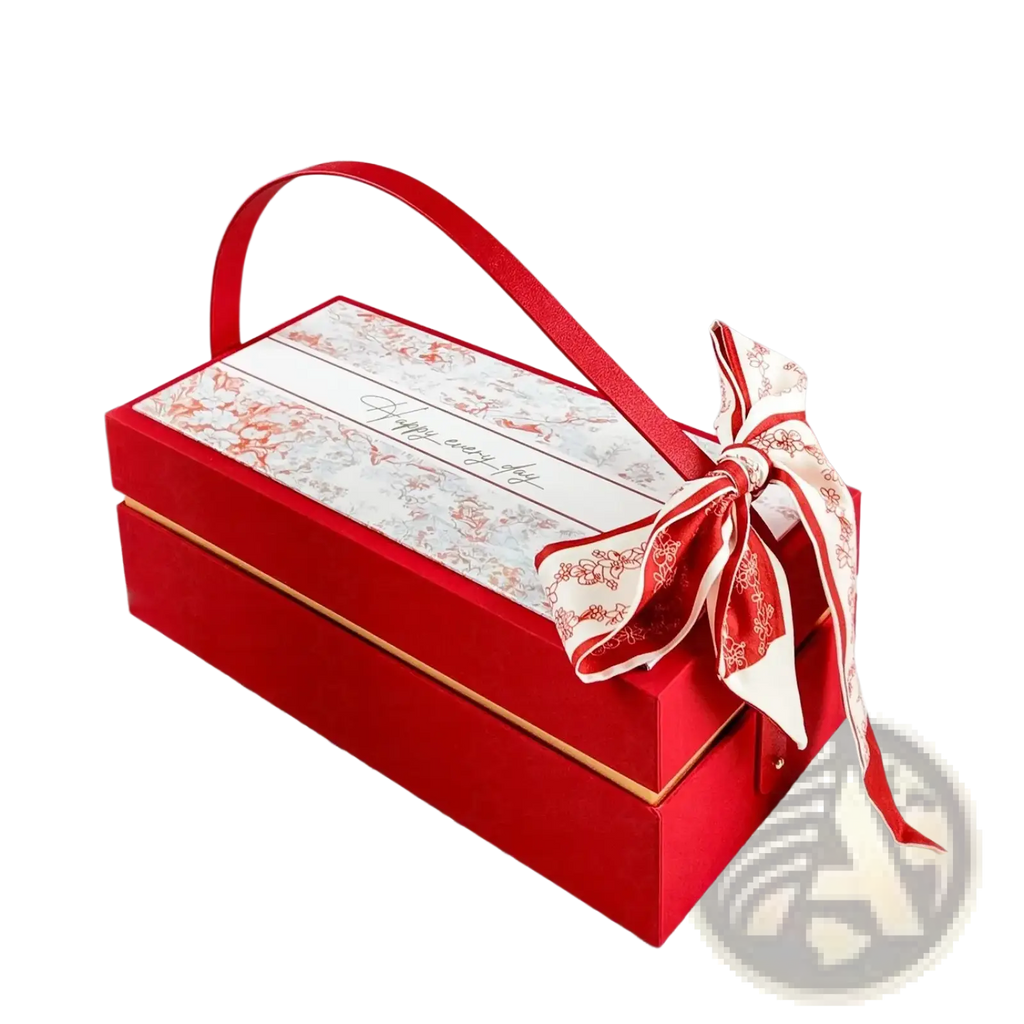 Luxury wedding gift box for bridesmaid and best man red velvet with floral-patterned lid gold trim and red and white ribbon bow