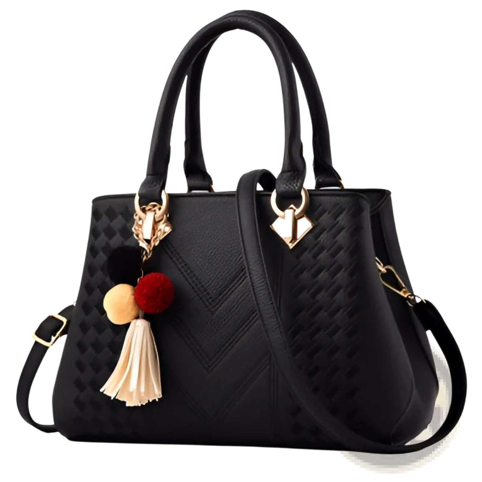 Luxury women handbags black woven PU leather crossbody bag with gold-tone hardware and decorative pom-pom tassel charm