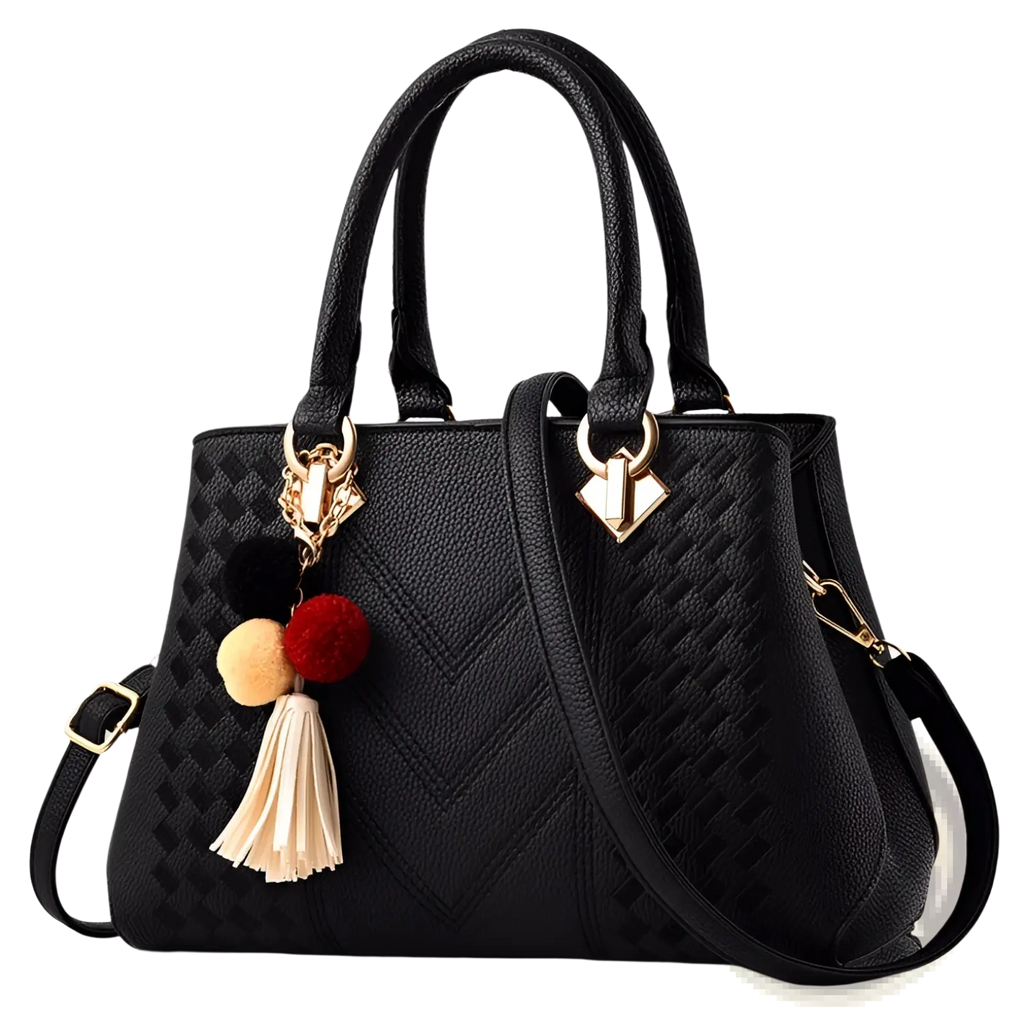Luxury women handbags woven pu leather crossbody bag in black with gold-tone hardware and colorful pom-pom tassel charm