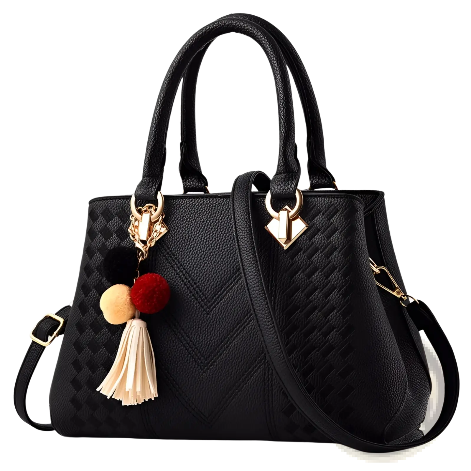 Luxury women handbags woven pu leather crossbody bag in black with gold-tone hardware and colorful pom-pom tassel charm