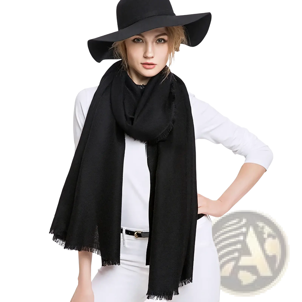 Luxury wool scarf for women in black wool with frayed edges worn elegantly around the neck
