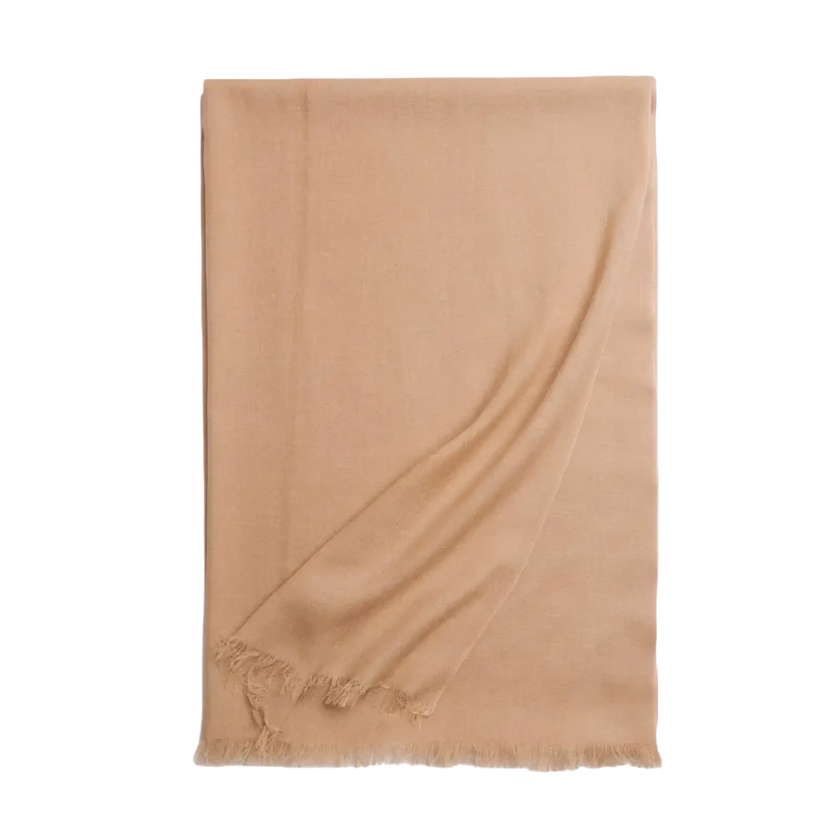 Luxury wool scarf for women in soft beige cashmere with subtle sheen and delicate fringed edges