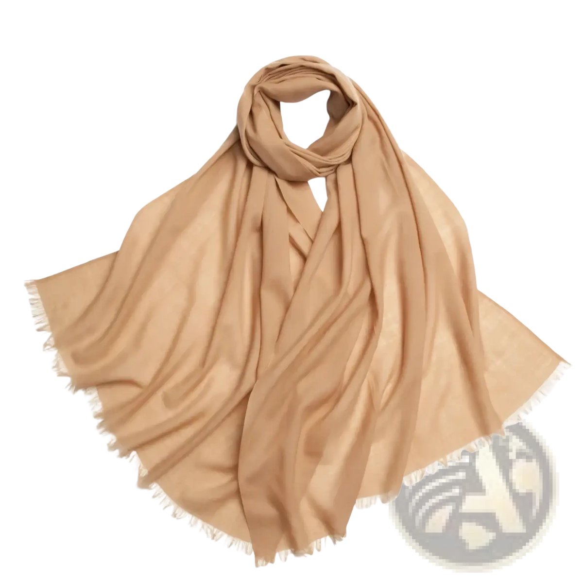 A soft beige cashmere luxury wool scarf for women with delicate frayed edges