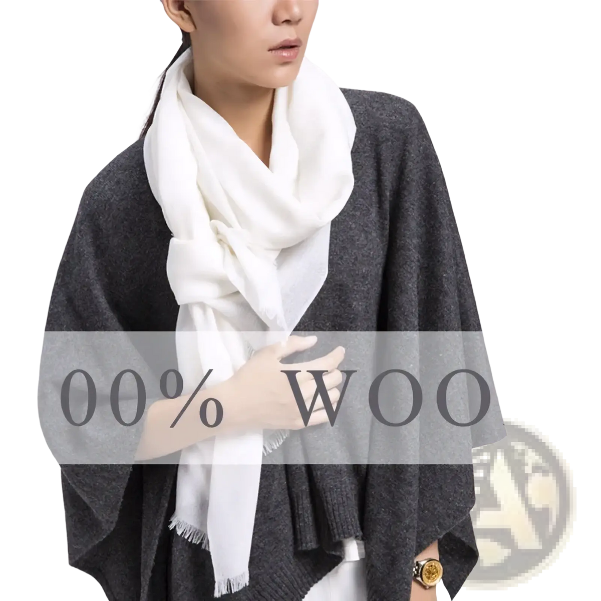 Luxury wool scarf for women in soft white wool with fringed edges, worn elegantly around the neck
