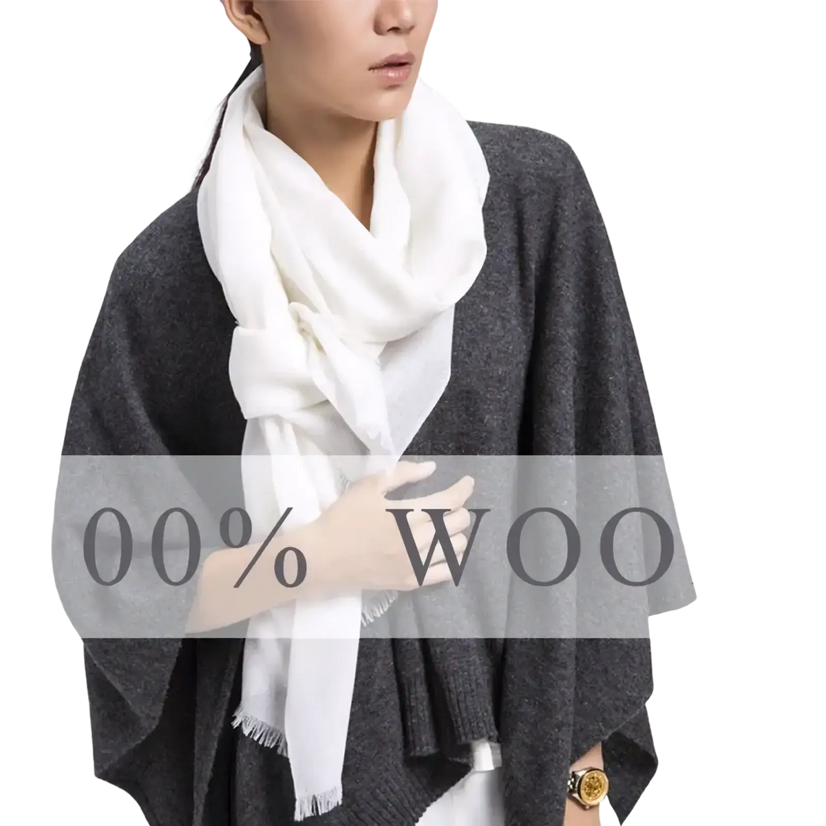 Luxury wool scarf for women in white wool with frayed edges worn around the neck