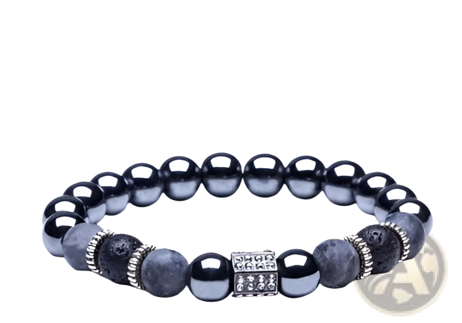 Luxury zircon crown matte black beaded bracelet with silver metallic accents and central rectangular charm with clear crystals