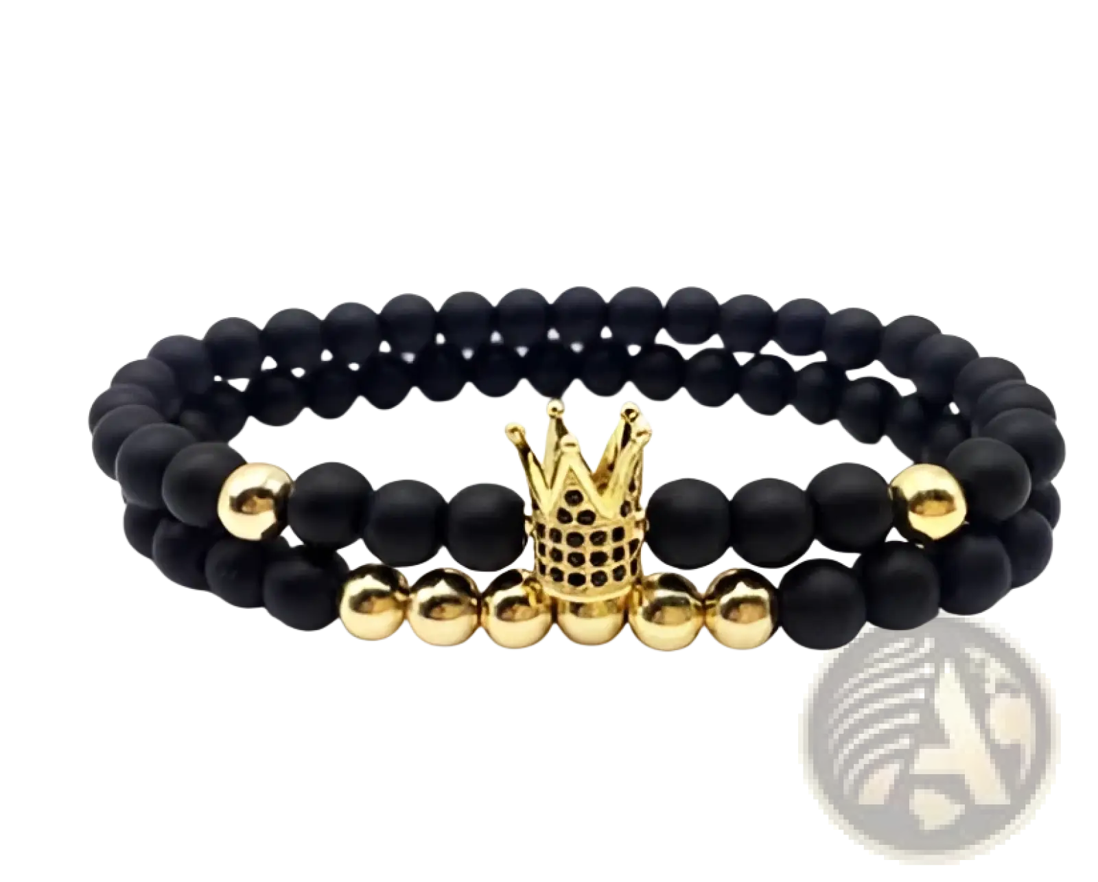 Luxury zircon crown matte black beaded bracelet with gold crown charm and alternating black and gold beads