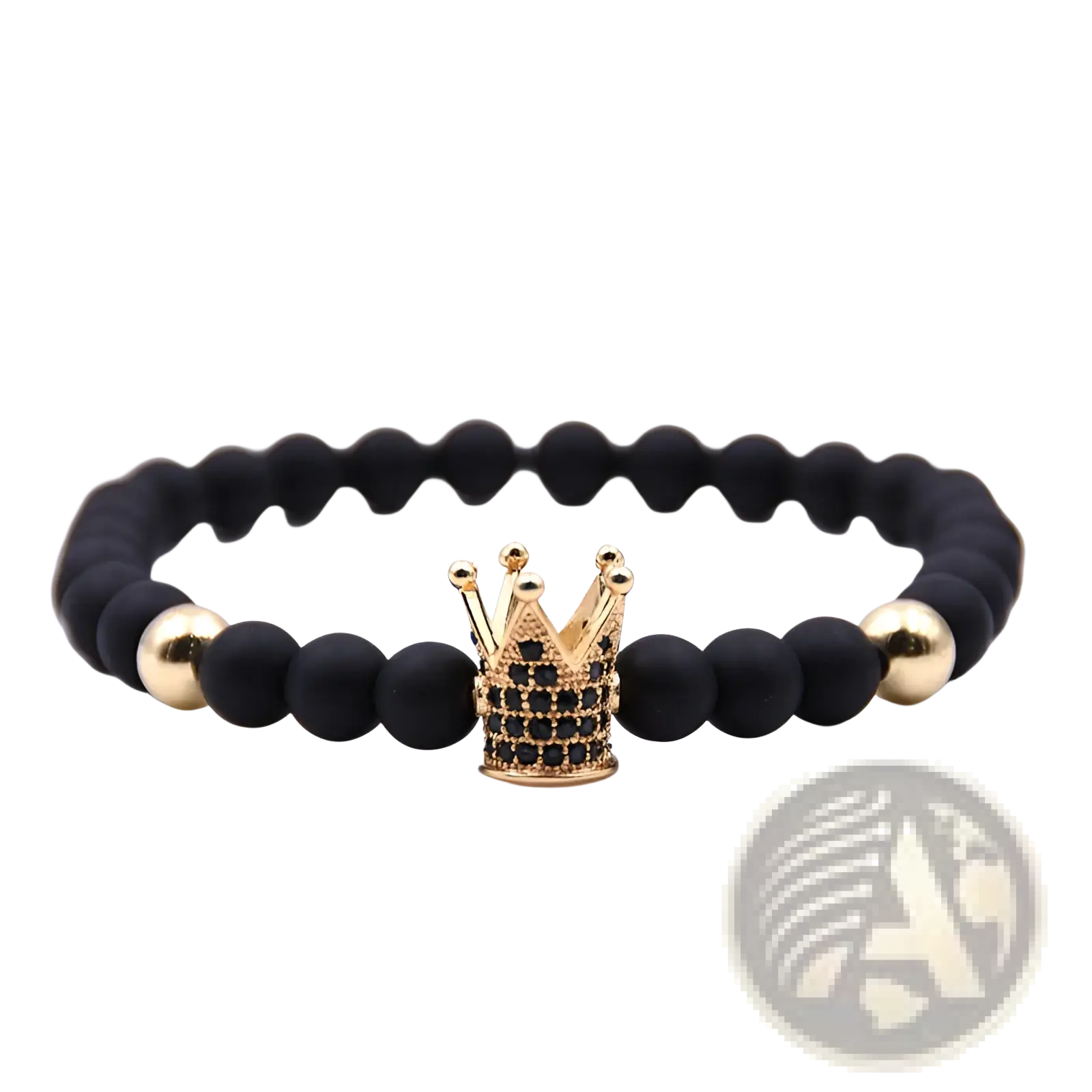 Luxury zircon crown matte black beaded bracelet featuring a gold crown charm adorned with black stones