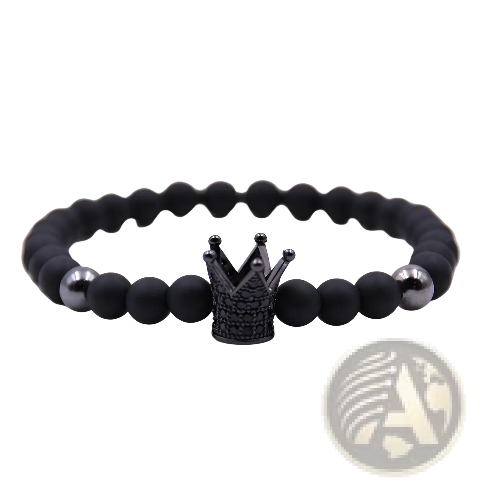 Luxury zircon crown matte black beaded bracelet with central black rhinestone crown charm and two metallic beads