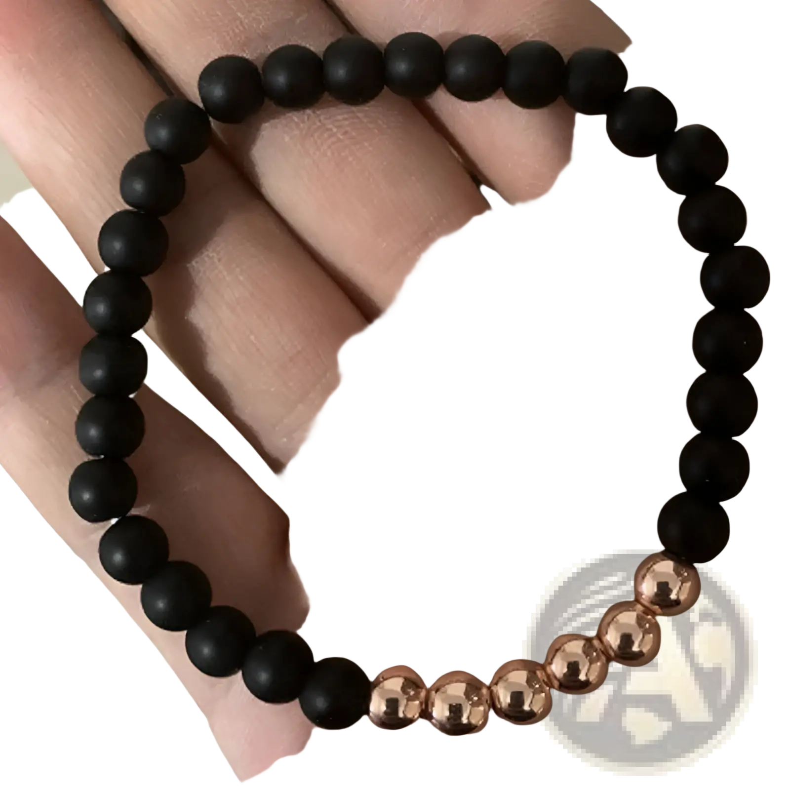 Luxury zircon crown matte black beaded bracelet featuring black matte spheres and polished rose gold metallic accents