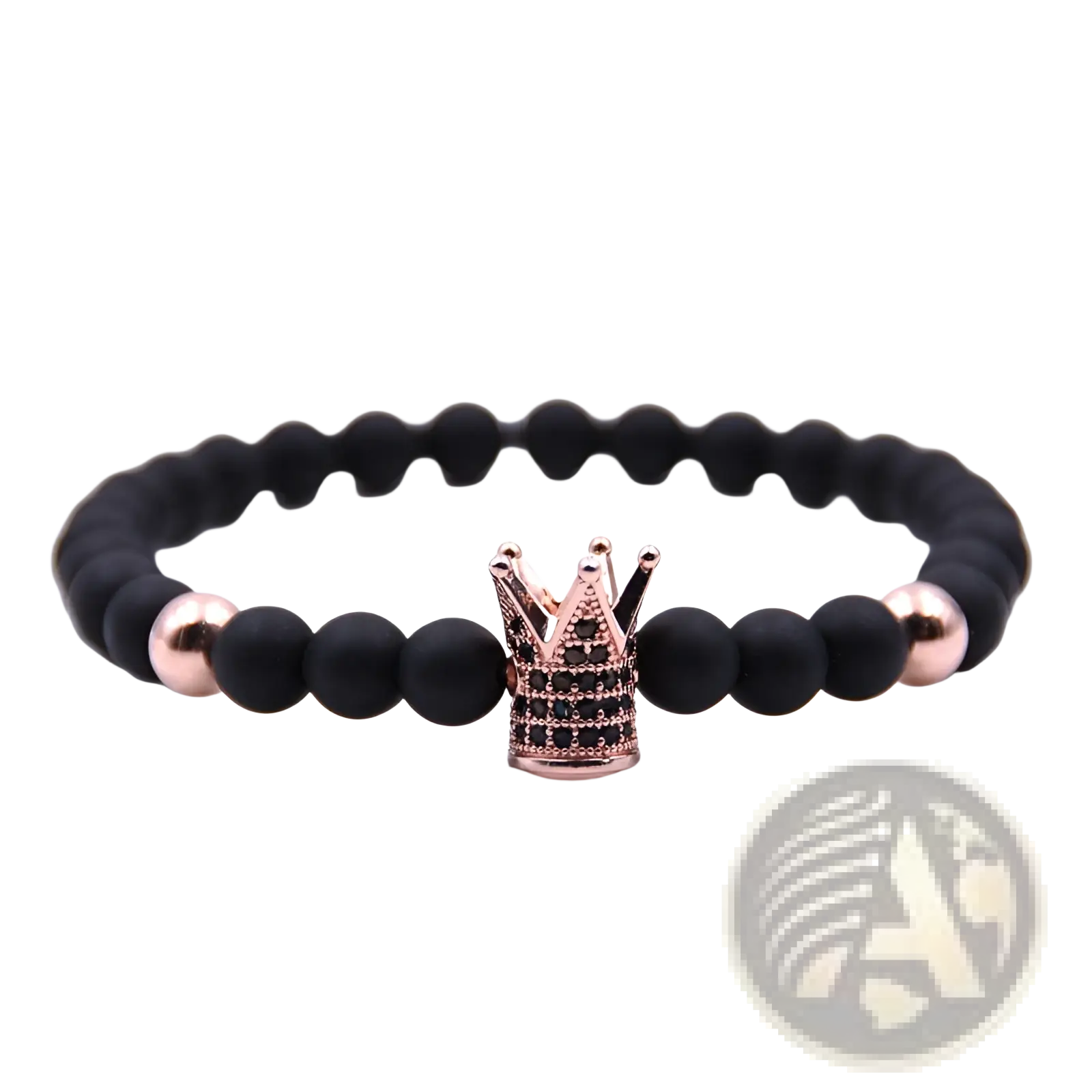 Luxury zircon crown matte black beaded bracelet featuring black beads with rose gold crown charm and accent beads