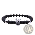Luxury zircon crown matte black beaded bracelet with a silver crown charm adorned with black stones