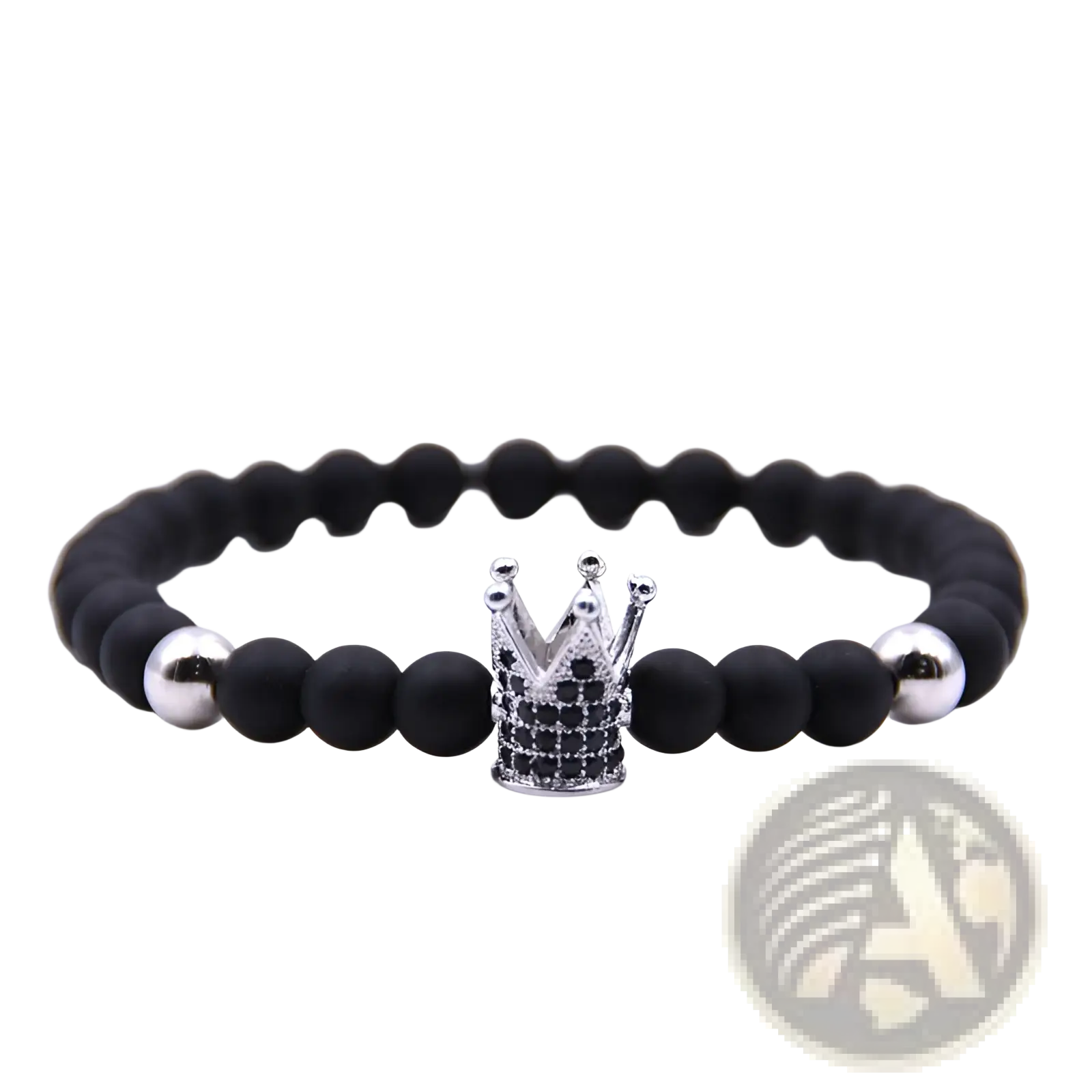 Luxury zircon crown matte black beaded bracelet with a silver crown charm adorned with black stones