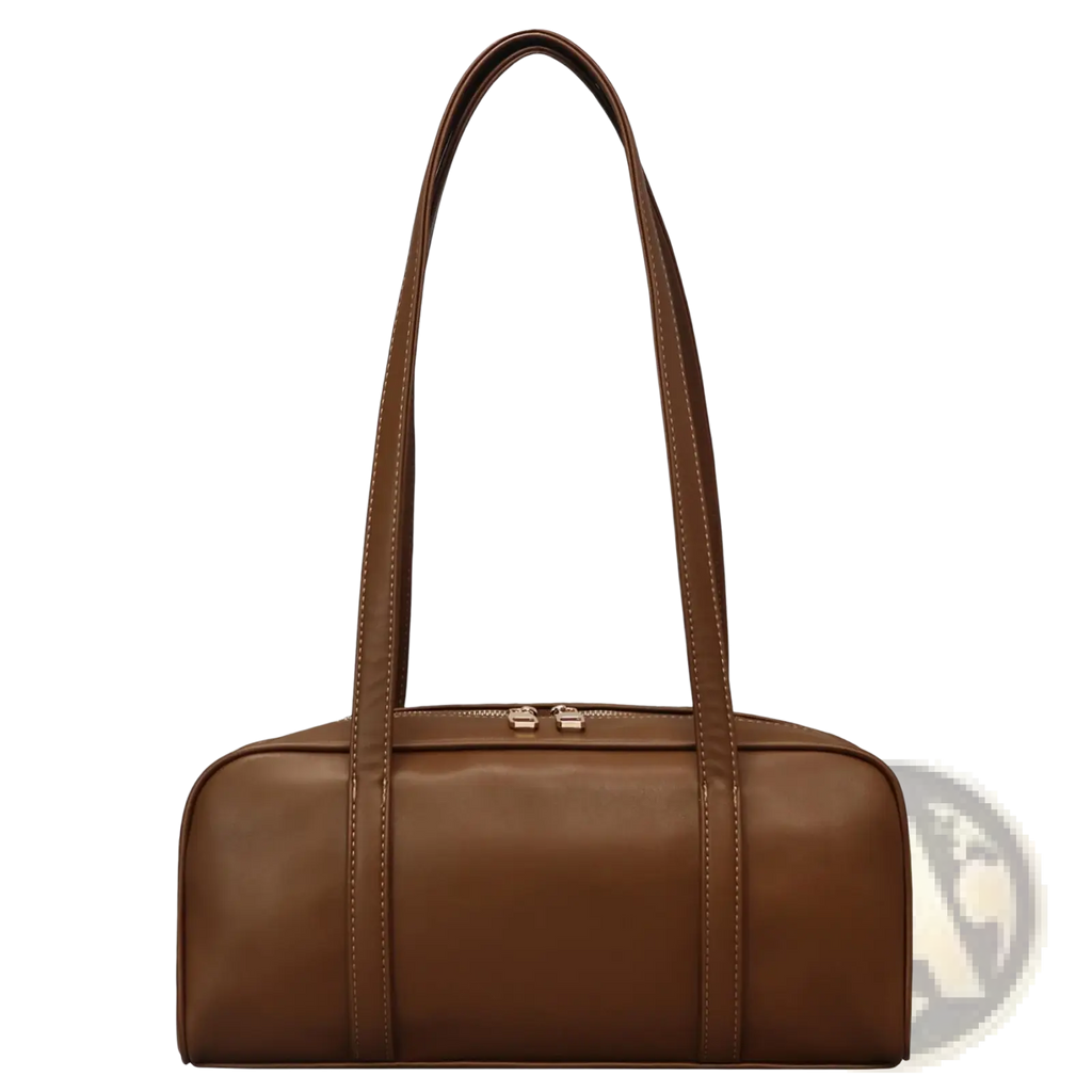 Lxq026 chic leather single shoulder bag for women in brown leather with a sleek cylindrical design and matching handles