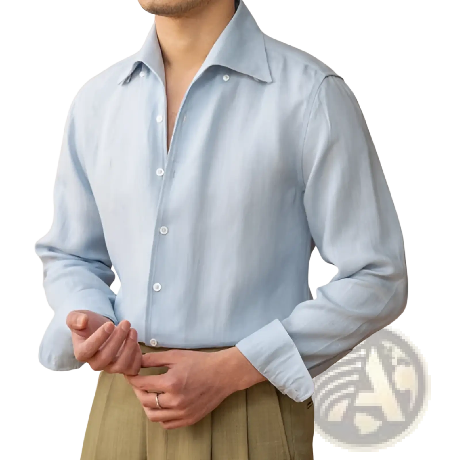 Light blue lyocell linen casual shirt for men with classic collar and white buttons in button-down style