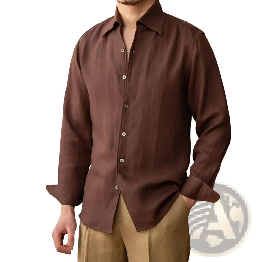 A rich brown lyocell linen casual shirt for men with a classic collar and subtle textured button-down design