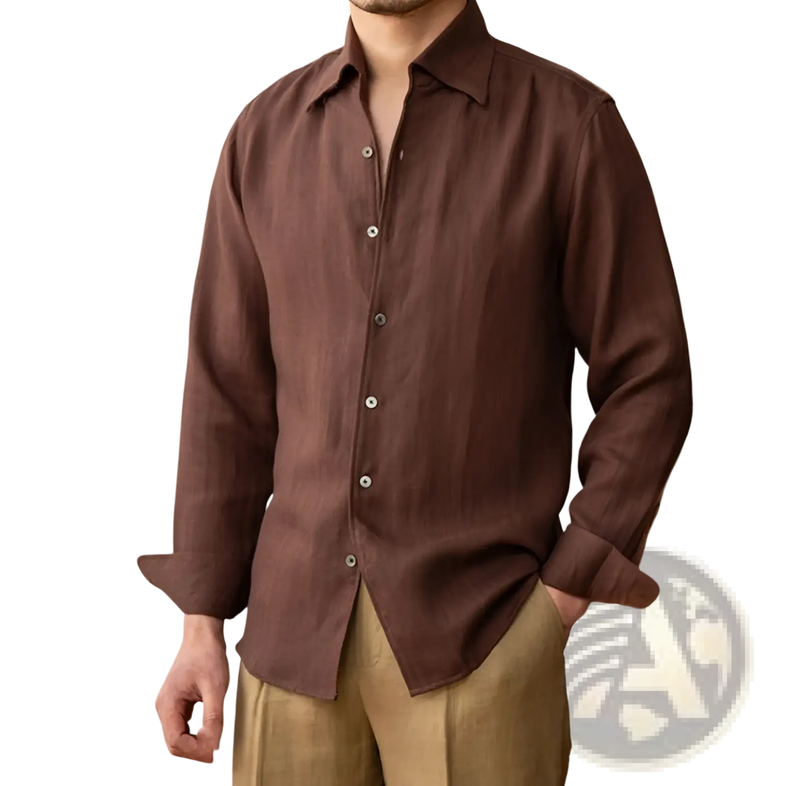 A rich brown lyocell linen casual shirt for men with a classic collar and subtle textured button-down design