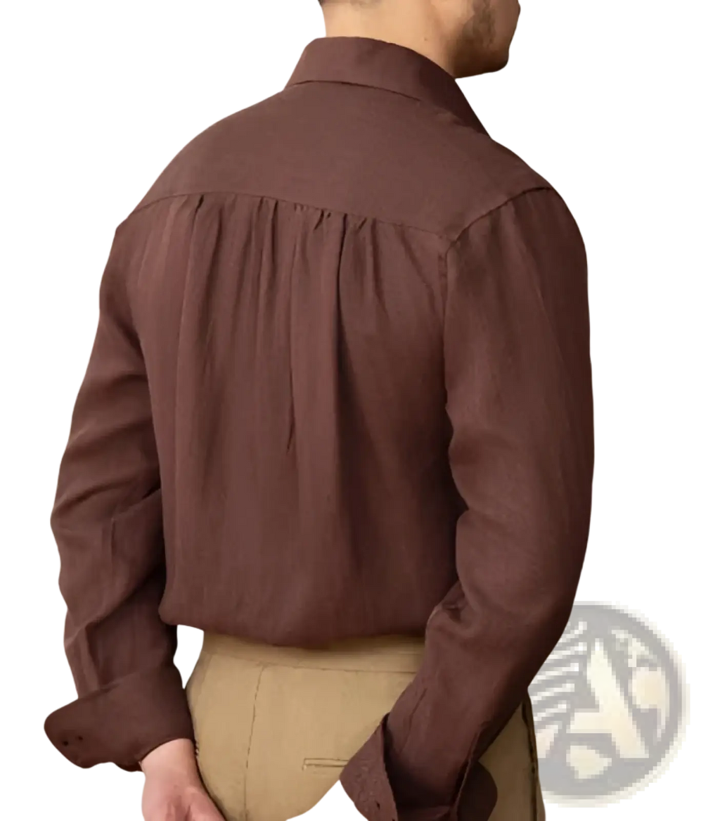 Back view of a rich brown lyocell linen casual shirt for men with long sleeves subtle texture and gathered back fabric
