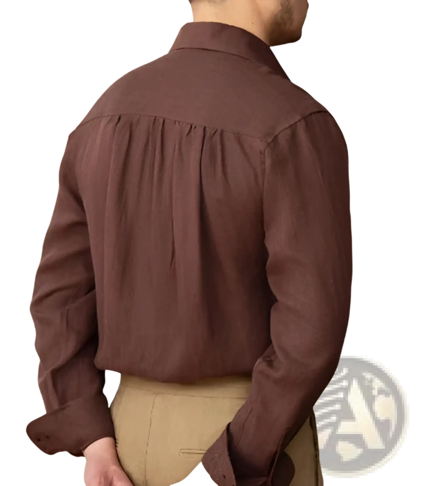 Back view of a rich brown lyocell linen casual shirt for men with long sleeves subtle texture and gathered back fabric