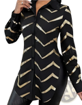 Black lyxana blouse with long sleeves gold zigzag sequin patterns and cinched waist detail in button-up style